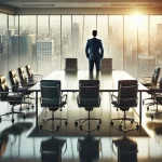 AI-Generated Image of A New CEO with a office desk and guy looking outside of the office
