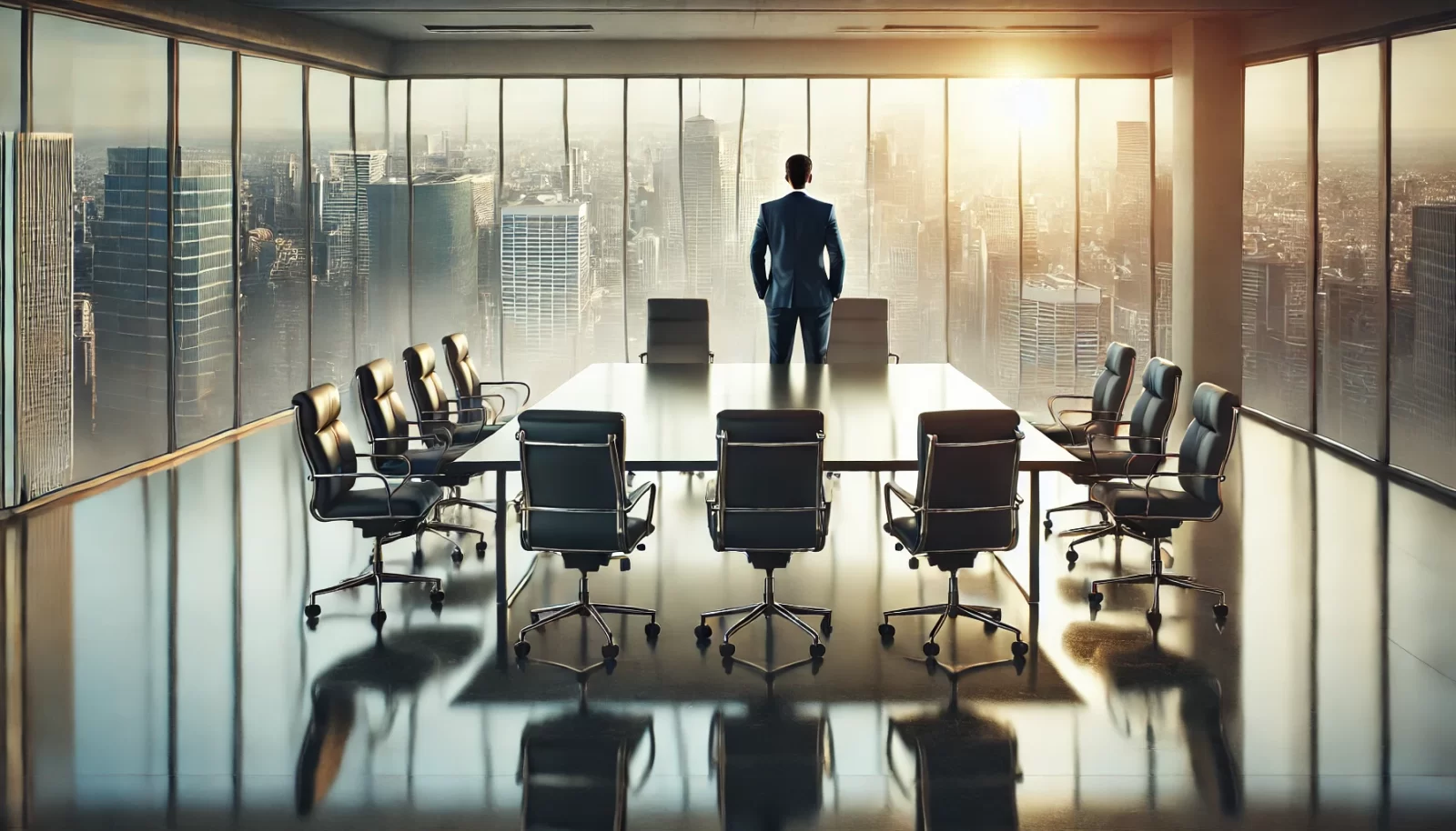 AI-Generated Image of A New CEO with a office desk and guy looking outside of the office